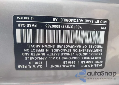 2004 Saab 9-3 Arc z USA, uszkodzony, nr VIN YS3FD79Y746000735